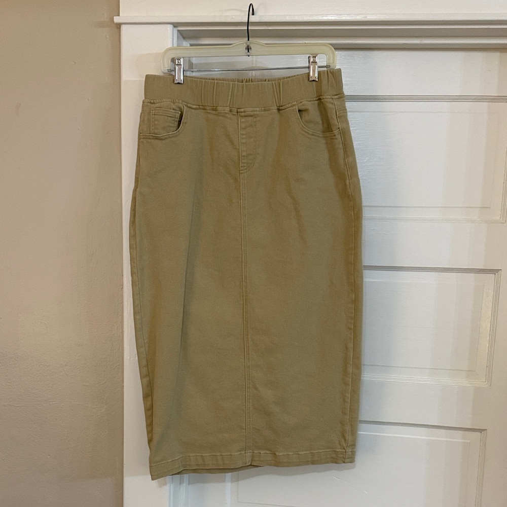 Nuggles Classic Denim Tan Elastic Waist Midi Skirt Sz Medium